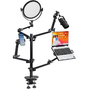 GVM 4-in-1 Camera Desk Mount Stand Kit, Webcam Stand for Desk with Ring Light, Online Streaming Equipment with Adjustable Mic Boom Arm and Laptop Tablet Phone Stands for Video Recording Podcast Game