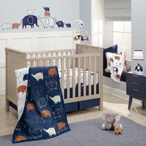 طقم مفروشات سرير الأطفال مكون من 3 قطع من القطن باللون الأزرق/الأبيض بتصميم Lambs & Ivy Playful Elephant