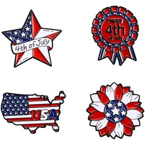4th of July Enamel Brooches Set for Women Men USA American Flag Star Firework Patriotic Lapel Pins Red White Blue Waving for Veterans Independence Memorial Day Decor Gifts-4PCS