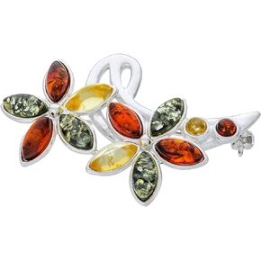 Women's Brooch Colourful Flowers III with Amber, Polished Sterling Silver, Baltic Natural Amber in Three Colours, A Gift for Any Occasion