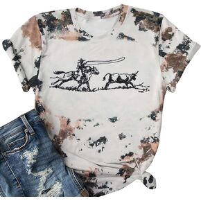 Retro Rodeo Shirt Women Cowgirl Bleached T Shirt Western Cowboy Rodeo Outfit Country Music Tee Short Sleeve Top