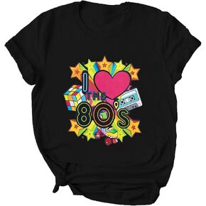 ASTANFY 80s Shirts for Women I Love The 80's T-Shirt 80s Outfit Hip Hop Party Tee T-Shirt Rock Star Back 1980s Themed Gift