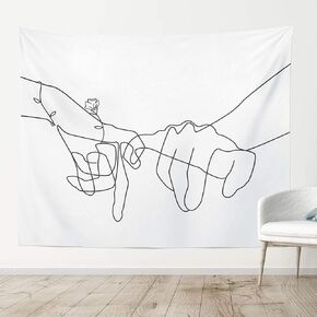 Manicer Black and White Pinky Promise Tapestry, Swear Love Wall Art, Holding Hands Art Line Minimalist Abstract Wall Décor for Dorm Bedroom Office – 59.1" x 80" - White