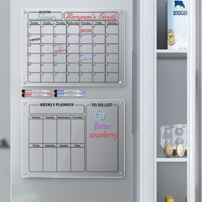 Magnetic Acrylic Calendar for Fridge - Dry Erase Board Calendar for Fridge, Reusable Planner, Gift for Home Organization, Includes 4 Dry Erase Markers with 4 Colors(16"x12"Inches)