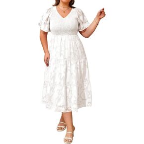 Pinup Fashion Plus Size Summer Casual V Neck Flutter Sleeve Floral Lace Smocked Flowy Tiered Midi Dresses 2024