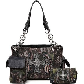 Camouflage Cross Wings Western Style Studded Handbag Tooled Leather Purse Country Women Shoulder Bag Pouch Wallet Set