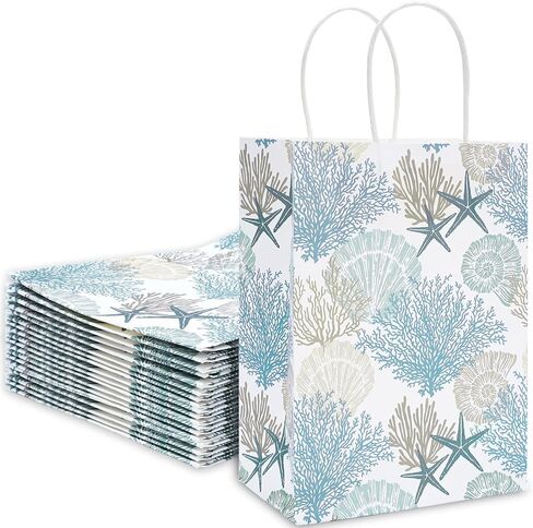 Generic AnyDesign 24Pcs Coral Seashell Paper Gift Bags Ocean Theme Blue Party Favor Bags with Handles Decorative Goodie Candy Treat Bags for Wedding Birthday Baby Shower Party Supplies in Saudi Arabia