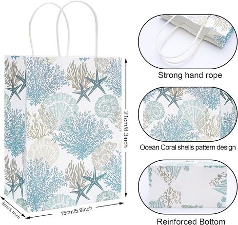 Generic AnyDesign 24Pcs Coral Seashell Paper Gift Bags Ocean Theme Blue Party Favor Bags with Handles Decorative Goodie Candy Treat Bags for Wedding Birthday Baby Shower Party Supplies in Saudi Arabia