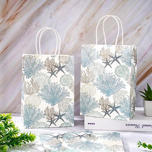 Generic AnyDesign 24Pcs Coral Seashell Paper Gift Bags Ocean Theme Blue Party Favor Bags with Handles Decorative Goodie Candy Treat Bags for Wedding Birthday Baby Shower Party Supplies in Saudi Arabia