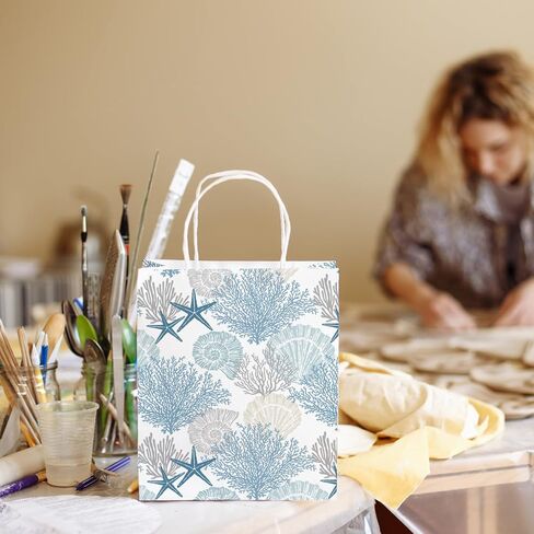 Generic AnyDesign 24Pcs Coral Seashell Paper Gift Bags Ocean Theme Blue Party Favor Bags with Handles Decorative Goodie Candy Treat Bags for Wedding Birthday Baby Shower Party Supplies in Saudi Arabia