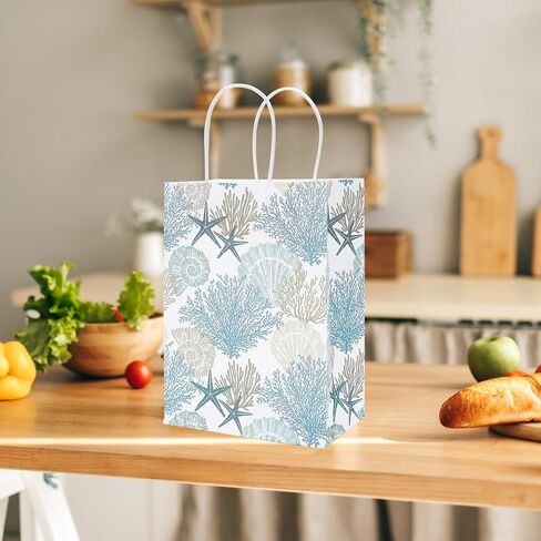 Generic AnyDesign 24Pcs Coral Seashell Paper Gift Bags Ocean Theme Blue Party Favor Bags with Handles Decorative Goodie Candy Treat Bags for Wedding Birthday Baby Shower Party Supplies in Saudi Arabia