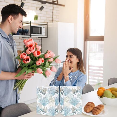 Generic AnyDesign 24Pcs Coral Seashell Paper Gift Bags Ocean Theme Blue Party Favor Bags with Handles Decorative Goodie Candy Treat Bags for Wedding Birthday Baby Shower Party Supplies in Saudi Arabia