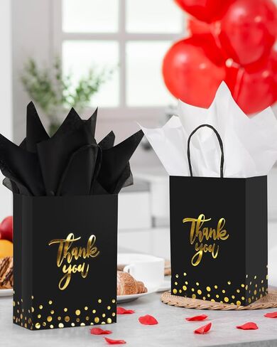 LWBDD 25 Pack Small Size Thank You Gift Bags Bulk With Handles & Tissue Paper for Wedding, Baby Shower, Business, Shopping, Party Favors, Birthday, Hotel Guests (Black) in Saudi Arabia