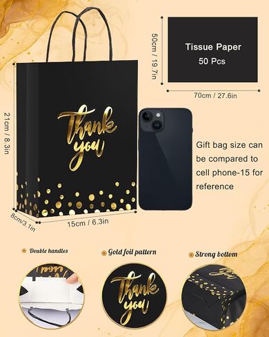 LWBDD 25 Pack Small Size Thank You Gift Bags Bulk With Handles & Tissue Paper for Wedding, Baby Shower, Business, Shopping, Party Favors, Birthday, Hotel Guests (Black) in Saudi Arabia