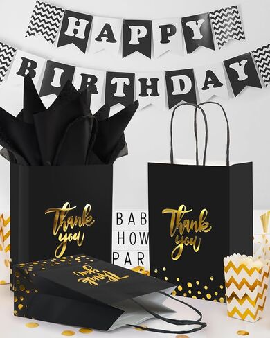 LWBDD 25 Pack Small Size Thank You Gift Bags Bulk With Handles & Tissue Paper for Wedding, Baby Shower, Business, Shopping, Party Favors, Birthday, Hotel Guests (Black) in Saudi Arabia