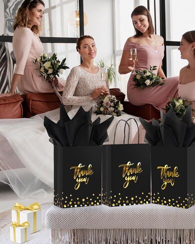 LWBDD 25 Pack Small Size Thank You Gift Bags Bulk With Handles & Tissue Paper for Wedding, Baby Shower, Business, Shopping, Party Favors, Birthday, Hotel Guests (Black) in Saudi Arabia