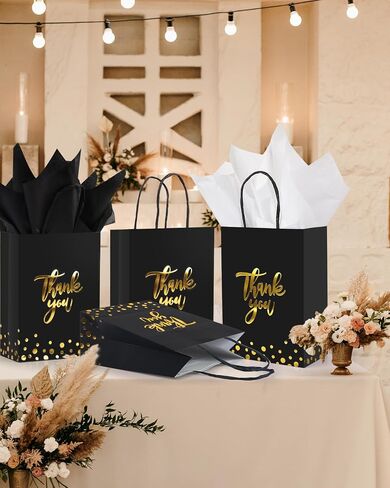 LWBDD 25 Pack Small Size Thank You Gift Bags Bulk With Handles & Tissue Paper for Wedding, Baby Shower, Business, Shopping, Party Favors, Birthday, Hotel Guests (Black) in Saudi Arabia