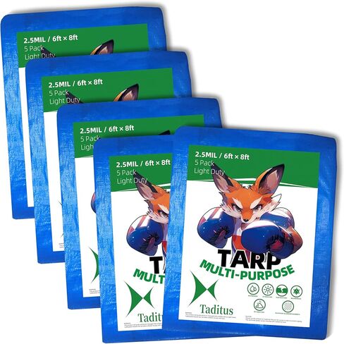 5 في حزمة، تعظيم القيمة، تقليل التكلفة، ميزة Multipack مع أقمشة بوليستر صديقة للميزانية، 2.5 مل قماش القنب الخفيف الكبير الرخيص، غطاء واقٍ مقاوم للماء متعدد الأغراض، 6 × 8 أقدام، أزرق in Kuwait