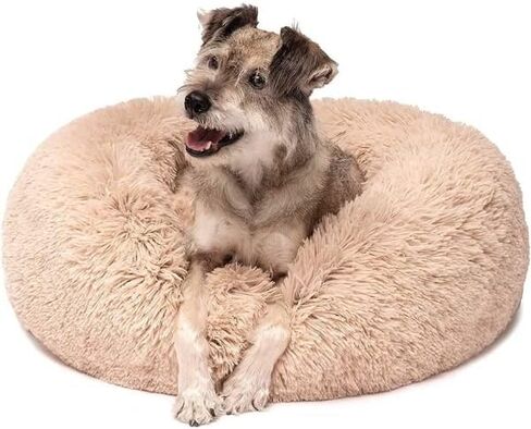 Anxiety Calming Pet Bed - Beige Anxiety Bed for Dogs - Comfy Calming Fur Dog Bed for Medium Sized Dogs - Chew Proof Durable Dog Bed for Agressive Chewers - Washable Dog Bed Tear Proof in Saudi Arabia