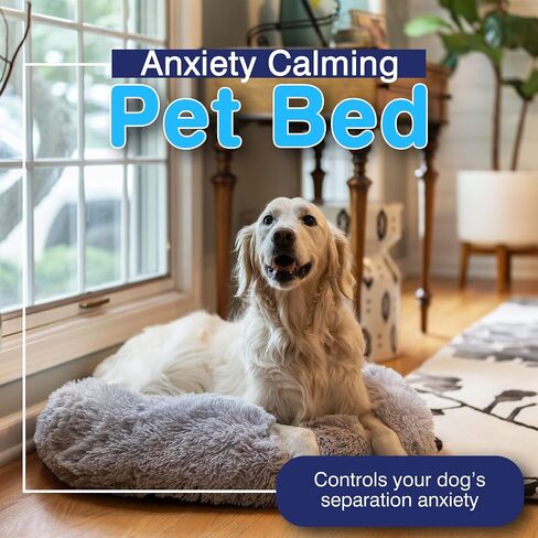 Anxiety Calming Pet Bed - Beige Anxiety Bed for Dogs - Comfy Calming Fur Dog Bed for Medium Sized Dogs - Chew Proof Durable Dog Bed for Agressive Chewers - Washable Dog Bed Tear Proof in Saudi Arabia
