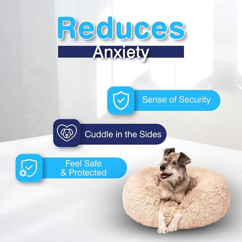 Anxiety Calming Pet Bed - Beige Anxiety Bed for Dogs - Comfy Calming Fur Dog Bed for Medium Sized Dogs - Chew Proof Durable Dog Bed for Agressive Chewers - Washable Dog Bed Tear Proof in Saudi Arabia