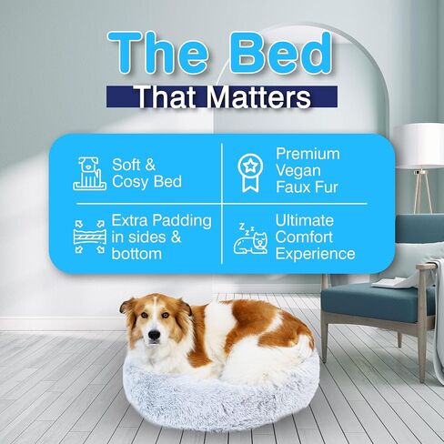 Anxiety Calming Pet Bed - Beige Anxiety Bed for Dogs - Comfy Calming Fur Dog Bed for Medium Sized Dogs - Chew Proof Durable Dog Bed for Agressive Chewers - Washable Dog Bed Tear Proof in Saudi Arabia