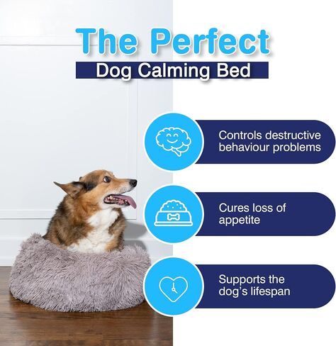 Anxiety Calming Pet Bed - Beige Anxiety Bed for Dogs - Comfy Calming Fur Dog Bed for Medium Sized Dogs - Chew Proof Durable Dog Bed for Agressive Chewers - Washable Dog Bed Tear Proof in Saudi Arabia