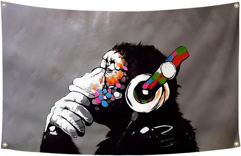 HYFUNNY Banksy DJ Flag Monkey Tapestry with Headphones 3x5 Feet Funny Art Poster Bedroom Living Room Dorm in Saudi Arabia