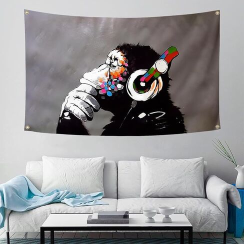 HYFUNNY Banksy DJ Flag Monkey Tapestry with Headphones 3x5 Feet Funny Art Poster Bedroom Living Room Dorm in Saudi Arabia