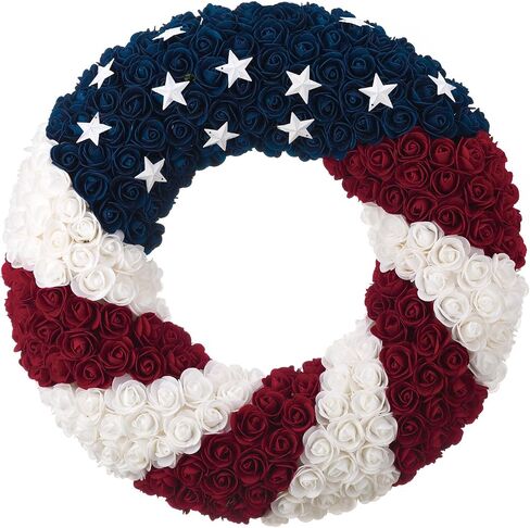One Holiday Way 21-Inch Patriotic Red, White & Blue Foam Rose American Flag Front Door Wreath - Decorative 4th of July Stars & Stripes Indoor Outdoor Decoration - Memorial Day Veterans Home Decor in Saudi Arabia