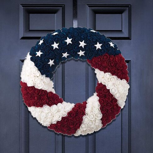 One Holiday Way 21-Inch Patriotic Red, White & Blue Foam Rose American Flag Front Door Wreath - Decorative 4th of July Stars & Stripes Indoor Outdoor Decoration - Memorial Day Veterans Home Decor in Saudi Arabia