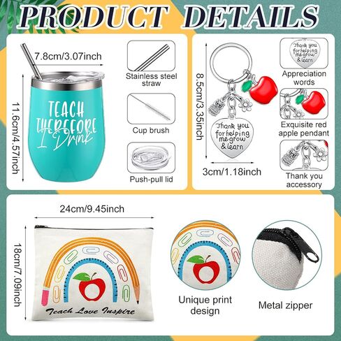 Hillban 4 Pcs Teacher Appreciation Gift Set Including Teacher Keychain Makeup Cosmetic Bag Teacher Tote Bag 12oz Stainless Steel Tumbler for Women Christmas Birthday Valentine's Day (Classic Style) in Saudi Arabia