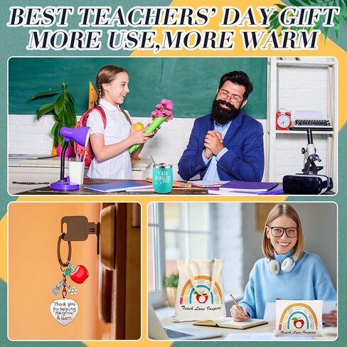 Hillban 4 Pcs Teacher Appreciation Gift Set Including Teacher Keychain Makeup Cosmetic Bag Teacher Tote Bag 12oz Stainless Steel Tumbler for Women Christmas Birthday Valentine's Day (Classic Style) in Saudi Arabia