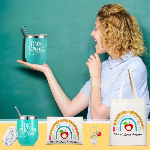 Hillban 4 Pcs Teacher Appreciation Gift Set Including Teacher Keychain Makeup Cosmetic Bag Teacher Tote Bag 12oz Stainless Steel Tumbler for Women Christmas Birthday Valentine's Day (Classic Style) in Saudi Arabia