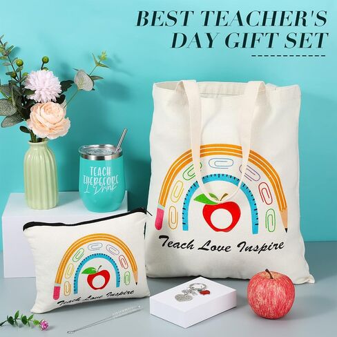 Hillban 4 Pcs Teacher Appreciation Gift Set Including Teacher Keychain Makeup Cosmetic Bag Teacher Tote Bag 12oz Stainless Steel Tumbler for Women Christmas Birthday Valentine's Day (Classic Style) in Saudi Arabia