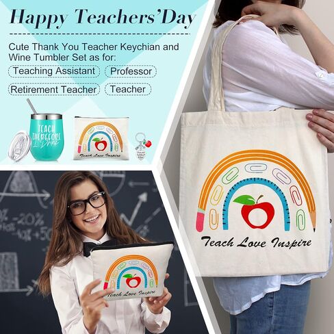 Hillban 4 Pcs Teacher Appreciation Gift Set Including Teacher Keychain Makeup Cosmetic Bag Teacher Tote Bag 12oz Stainless Steel Tumbler for Women Christmas Birthday Valentine's Day (Classic Style) in Saudi Arabia