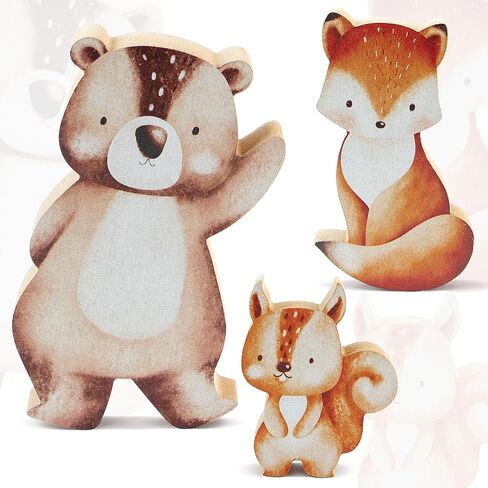 3pcs Jungle Animal Nursery Wood Decor Woodland Animal Nursery Decoration Woodland Nursery Decor Wooden Animal Themed Room Decor for Baby Nursery Bedrooms Classroom Squirrels Foxes Bear in Saudi Arabia