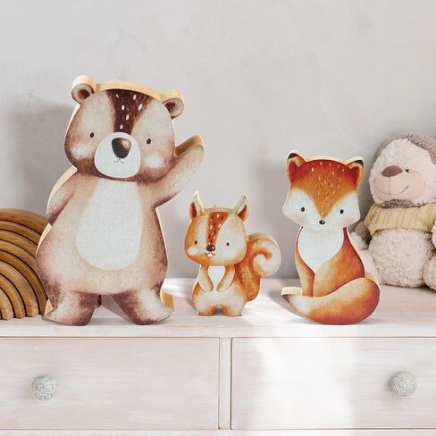 3pcs Jungle Animal Nursery Wood Decor Woodland Animal Nursery Decoration Woodland Nursery Decor Wooden Animal Themed Room Decor for Baby Nursery Bedrooms Classroom Squirrels Foxes Bear in Saudi Arabia
