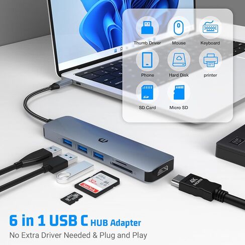 USB C Hub, 6 in 1 USB C to USB Adapter with 4K HDMI, USB 3.0, SD/TF Card Slot, Tailored for New Mac Pro/Mac Air and Type C Devices in Saudi Arabia