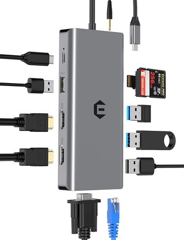 قاعدة توصيل USB C 12 في 1، موزع Tymyp USB C، 2 * 4K HDMI، VGA، 3 منافذ USB A، فتحات بطاقة SD/TF، ​​PD 100W، صوت/ميكروفون 3.5 مم، إيثرنت، متوافق مع Mac Pro/Air/ ويندوز وأجهزة الكمبيوتر المحمولة الأخرى in Kuwait