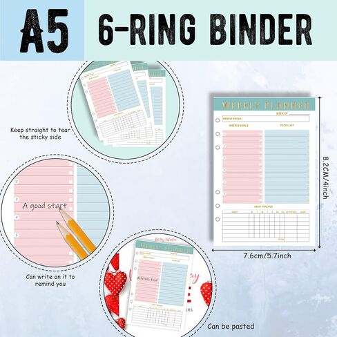 Weekly Planner Undated Weekly TO DO List Notepads Organizer Habit Tracker Weekly Task Planner Checklist A5 Planner Inserts 6 Ring Binder,104 Sheets 208 Pages Undated Project Planner for Organized in Saudi Arabia