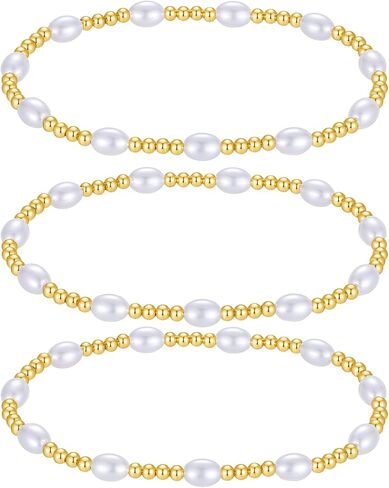 3-4mm Gold Bead Bracelet With Pearl,14K Real Gold Plated Stackable Beaded Ball Bracelets for women Trendy, Bracelet Set Pack Minimalist Gold Jewelry for Teen Girls Gifts in Saudi Arabia