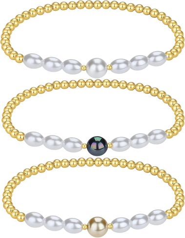 3-4mm Gold Bead Bracelet With Pearl,14K Real Gold Plated Stackable Beaded Ball Bracelets for women Trendy, Bracelet Set Pack Minimalist Gold Jewelry for Teen Girls Gifts in Saudi Arabia