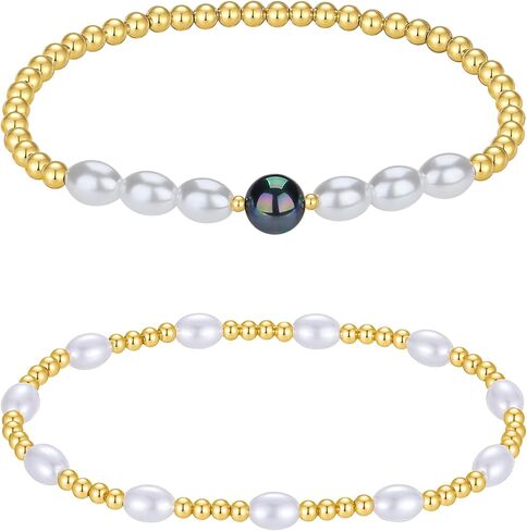 3-4mm Gold Bead Bracelet With Pearl,14K Real Gold Plated Stackable Beaded Ball Bracelets for women Trendy, Bracelet Set Pack Minimalist Gold Jewelry for Teen Girls Gifts in Saudi Arabia