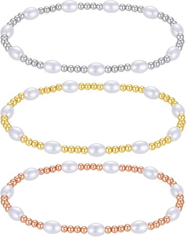 3-4mm Gold Bead Bracelet With Pearl,14K Real Gold Plated Stackable Beaded Ball Bracelets for women Trendy, Bracelet Set Pack Minimalist Gold Jewelry for Teen Girls Gifts in Saudi Arabia