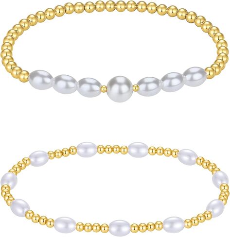 3-4mm Gold Bead Bracelet With Pearl,14K Real Gold Plated Stackable Beaded Ball Bracelets for women Trendy, Bracelet Set Pack Minimalist Gold Jewelry for Teen Girls Gifts in Saudi Arabia