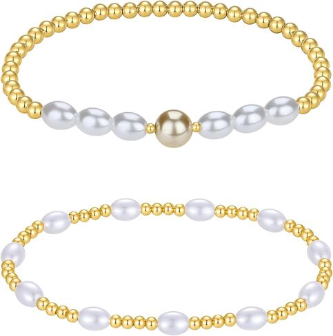 3-4mm Gold Bead Bracelet With Pearl,14K Real Gold Plated Stackable Beaded Ball Bracelets for women Trendy, Bracelet Set Pack Minimalist Gold Jewelry for Teen Girls Gifts in Saudi Arabia