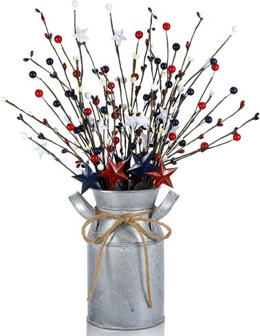 Frienda 4th of July 3 Pcs Patriotic Berry Table Artificial Tree with 1 Pcs Base Independence Day Berry and Star Table Tree Red White Blue Berry Branches for Centerpiece Decoration Farmhouse in Saudi Arabia