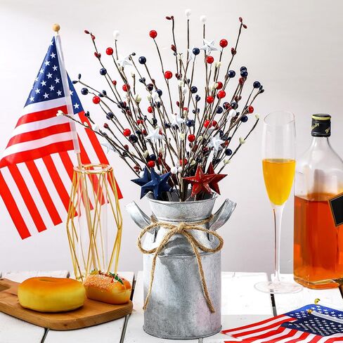 Frienda 4th of July 3 Pcs Patriotic Berry Table Artificial Tree with 1 Pcs Base Independence Day Berry and Star Table Tree Red White Blue Berry Branches for Centerpiece Decoration Farmhouse in Saudi Arabia