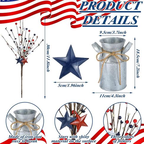 Frienda 4th of July 3 Pcs Patriotic Berry Table Artificial Tree with 1 Pcs Base Independence Day Berry and Star Table Tree Red White Blue Berry Branches for Centerpiece Decoration Farmhouse in Saudi Arabia